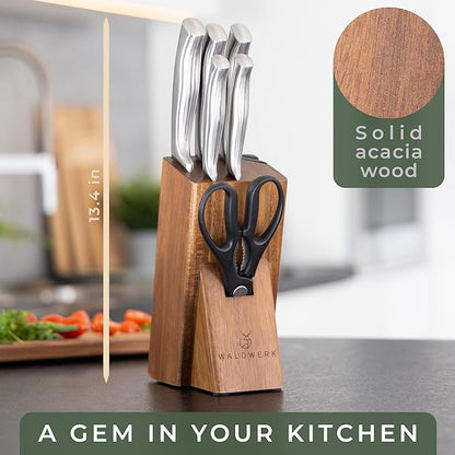 WALDWERK Knife Set - 7pcs Kitchen Knife Set with Block and Integrated Sharpener - Knife Block Set - Knife Block
