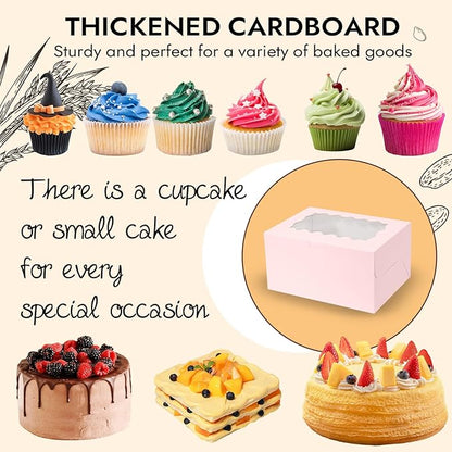 JCD 8Pcs Pink Cake Cupcake Combo Boxes Clear Lid with 2 Cupcake Holes -Clear Window Bento Cake Boxes for Bakery Baking Supplies(Pink 1+2/8Pcs)