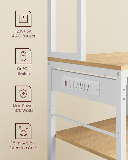 VASAGLE Bakers Rack with Charging Station, Coffee Bar with Adjustable Storage Shelves, Fabric Drawer, 12 Hooks, 15.7 x 39.4 x 71 Inches, Kitchen Microwave Stand, Golden Oak and Cloud White UKKS027Y01