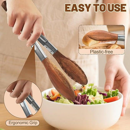 Wooden Tongs for Cooking, Multi-Purpose for Tossing Salads, Grilling, Flipping Food & Serving Bread - Strong Grip Walnut Wood Tips, Heat Resistant & Non-Deforming (9 inch)