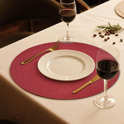 FunWheat Round Braided Placemats Set of 4 Place mats for Dining Tables Woven Heat Resistant Table Mats 15 inch (Wine,4pcs)