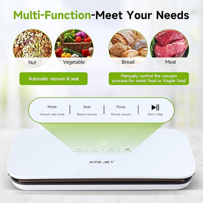 Vacuum Sealer for Food - Tempered Glass Panel, LED Touch Control, Digital Display, Pulse/Moist/Dry/Seal/External Suction Modes, Includes 30 Vacuum Bags & Built-in Cutter(White)