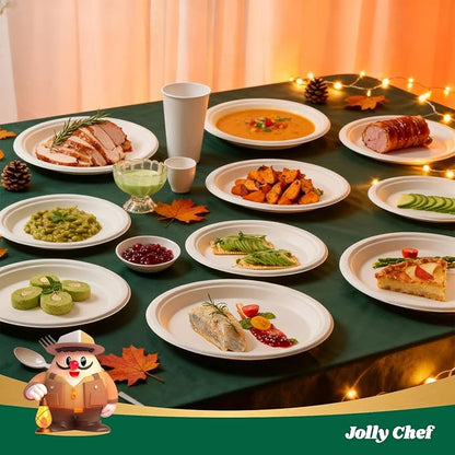 JOLLY CHEF Compostable Heavy Duty Plates 𝟭𝟬 𝗜𝗻𝗰𝗵 [𝟯𝟬𝟬 𝗣𝗮𝗰𝗸] Eco-Friendly Disposable White Paper Plates Made of Bagasse Biodegradable Bulk for Party Dinner Sugarcane Thanksgiving Day