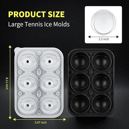 6 Chamber 2.2" 3D Tennis Gifts Ice Cube Tray With Funnel,Large Round Ice Ball Maker Mold Silicone Fun Shapes Bourbon Sphere Ice Molds,For Chilling Whiskey,Cocktails,Bourbon,Brandy and Beverages