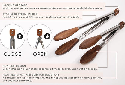 Kitchen Tongs Set - 9" & 12" Anti-Slip Long Wooden Cooking Tongs for BBQ, Grilling, Salad Tossing & Serving - Heat Resistant, Non-Stick Stainless Steel Handles with Hanging Hole