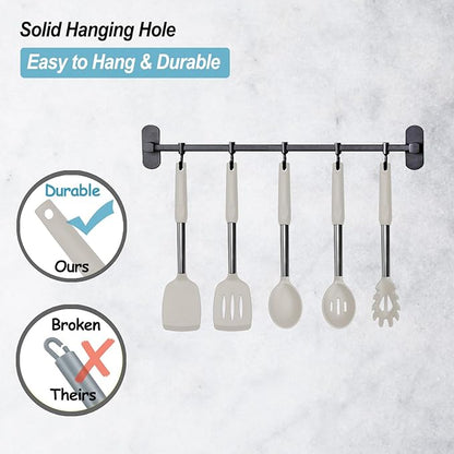 Silicone Spatula and Cooking Spoon,5 Pack Non-Stick Cooking Utensils for Kitchen，Heat Resistant Solid & Slotted Spoons and Spatulas, Stainless Steel Handle Coated with Silicone, Khaki