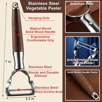 Premium Vegetable Peeler - Stainless Steel Serrated Y Potatoe Peeler for Veggie, Carrots, Apples - Ultra Sharp Swivel Blade Fruit Peeler with Ergonomic Natural Wood Handle