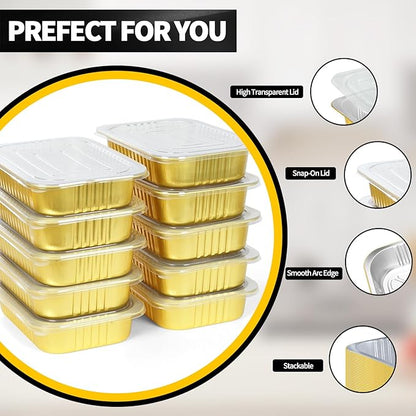 20 Pack 11"×8"×2" Gold Aluminum Foil Pans with Lids Heavy Duty, 5 LB Foil Food Containers with Lids, Disposable Tin Foil Pans for Baking, Meal Prep, Freezer, Heating and Takeout