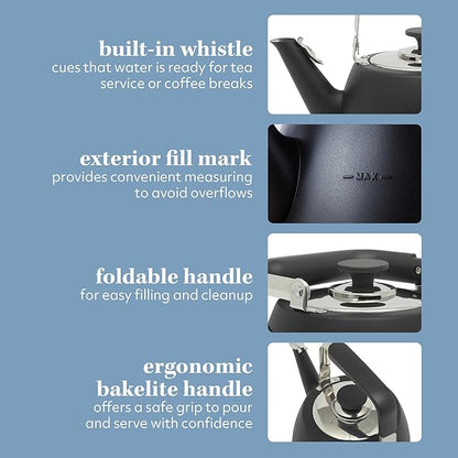 Sur La Table Kitchen Essentials Large 2 QT Heavy Gauge Stainless Steel Tea Kettle - Matte Black