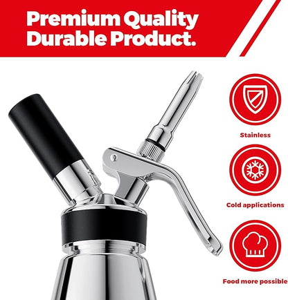 OSJCOOK Whipped Cream Dispenser Stainless Steel Cream Whipper Mirror Finish,500 mL/1 Pint Professional Cream Maker,5 Various Stainless Decorating Nozzles,1 Cleaning Brush,N2O Chargers NOT included