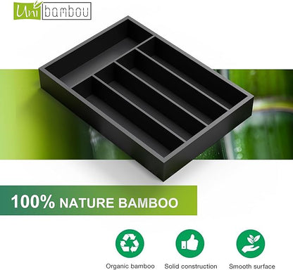 Bamboo Kitchen Drawer Organizer - silverware organizer - Cutlery Tray - Utensil Tray - drawer dividers and Utensil Holder with Wood Silverware Holder for Flatware Cutlery (5 Slots, Black)