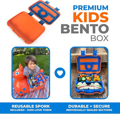 kinsho Bento Lunch Box for Kids Toddlers Boys, 5 Portion Sections Secure Lid, Microwave Safe BPA Free Removable Tray, Pre-School Kid Daycare Lunches Snack Container Ages 3 to 5, Blue Orange