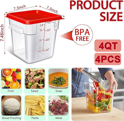 4 Pack 4QT Food Storage Containers with Red Lids, Clear Square Commercial Food Grade Storage Containers with Handles and Scales, BPA-Free Airtight Restaurant Container for Sourdough, Marinating Meat