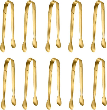 10 Pack Small Ice Tongs Sugar Tongs, Stainless Steel Mini Serving Appetizers Tongs for Party Coffee Tea Wine Bar Kitchen (Golden)