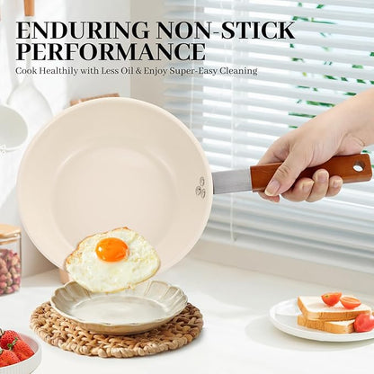 MARSKITOP Nonstick Frying Pan, 8 Inch Stainless Steel Fry Pan with Ceramic Coating and Wooden Handle, Healthy Non Toxic Skillet, Induction Compatible, PFOA Free