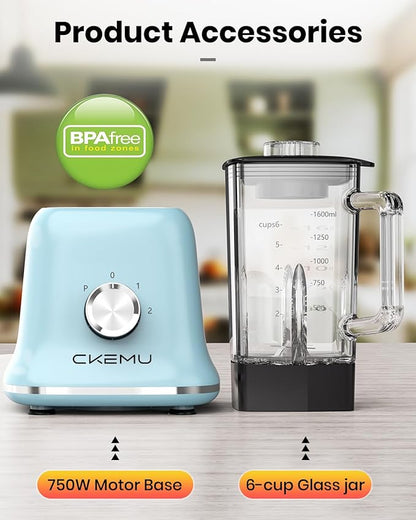 Professional Blender For Smoothies, 58 Oz Glass Jar, Glass Blender Including Puree & Crush Ice Functions, 750 Watts, B02 (Blue)