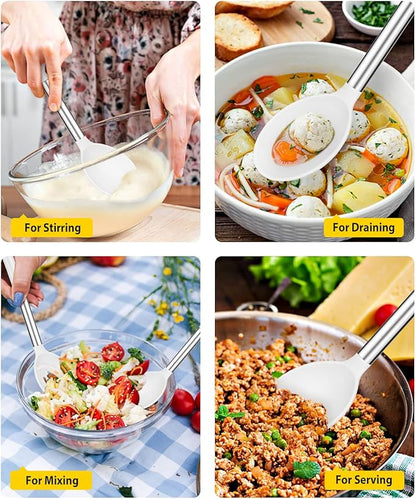 Pack of 2 Large Silicone Cooking Spoons,Non Stick Solid Basting Spoon,Heat-Resistant Kitchen Utensils for Mixing,Serving,Draining,Stirring (WHITE)