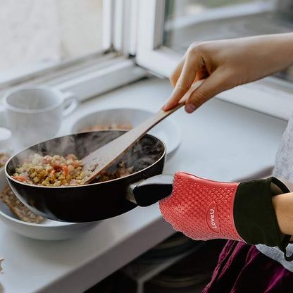 Kitchen Oven Gloves - Dual-Layer Heat Resistant Grilling Gloves, Silicone Oven Mitts with 5 Fingers, Waterproof Non-Slip Pot Holder for Barbecue, Cooking, Baking (XL-XXXL, Red Long)