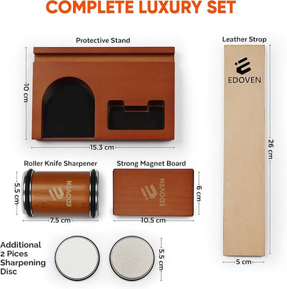 Rolling Knife Sharpener Kit – Complete Luxury Set with Leather Strop, Stand & 2 Extra Discs | Premium Beech Wood Magnetic Sharpener | Kitchen & Pocket Knife Sharpening Tool