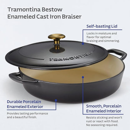 Tramontina Bestow Enameled Cast Iron Braiser Pan with Lid, 4-quart, Smoke with Gold Knob