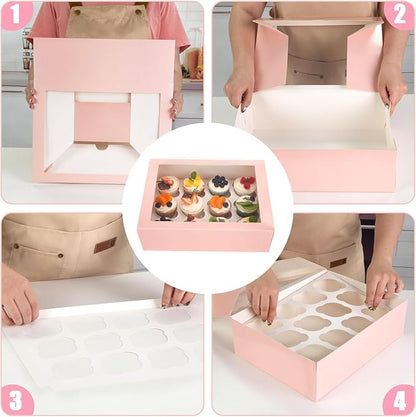 VGOODALL 12 Count Cupcake Boxes, 6PCS 13.2x9.8x4Inches Pink Cupcake Container with Window Boxes Holding 72 Pastry Box for Birthday Holiday Party Bakery Supplies