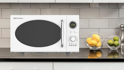 Emerson MWRG0901W 0.9 Cu. Ft. Retro Microwave with 1,000W Grill Function, 800W Cooking Power, LED Display, 5 Power Levels, 8 Auto Menus, Glass Turntable, Child Lock, White Countertop Design