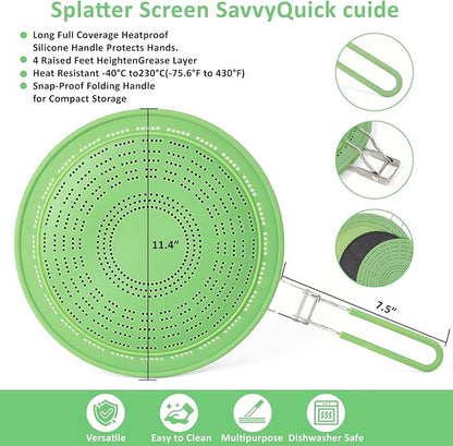 11" Multi-Functional Silicone Splatter Screen with Foldable Handle | 3-in-1 Activated Carbon Filter for Odor Absorption | Dishwasher Safe & Easy Cleaning | Fits 8-11" Pans