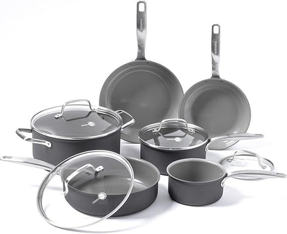 GreenPan Chatham Hard Anodized Healthy Ceramic Nonstick 10 Piece Cookware Pots and Pans Set, Frying Pan Skillets, Saucepans, Saute Pan, Stockpot, Lids, PFAS-Free, Dishwasher & Oven Safe, Gray