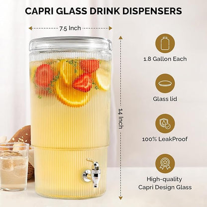 2-PACK Capri Drink Dispenser - Glass Beverage Dispenser, 100% Leakproof Spigot Perfect For Parties And Daily Use Lead-Free Glass, Beautiful Design, 1.8 Gallon