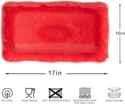 17” x 10” Rectangular Large Serving Platters, 2 Pieces Melamine Serving Trays Sets for Serving Food For Christmas, Mother's Day, Parties, Wedding, Gatherings, Dishwasher Safe. Reactive Red