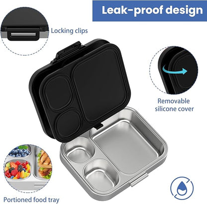 Stainless Steel Bento Lunch Box for Kids | 3-Compartment Lunch Box Container Kids | 100% Leakproof, Eco-Friendly, Perfect Portion Control for Kids&Adult Healthy Meals (Black)