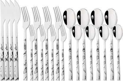20 Piece (4 Set) Silver Stainless Steel Tableware With White Marble Handle, Wedding Cutlery And Daily Use, Silverware For Home Restaurant Party, Mirror Finished