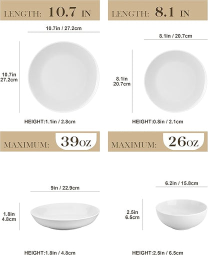 MALACASA 24-Piece Gourmet Porcelain Dinnerware Sets, Modern White Round Dish Set for 6 - Premium Serving Plates and Bowls Sets for Dessert, Salad, Soup, Pasta - Series AMELIA