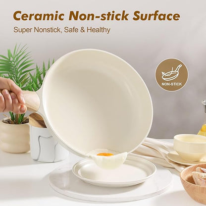 SENSARTE Ceramic Nonstick Frying Pan Skillet with Lid 8inch Non Stick Omelet Pans, Non-toxic Healthy Kitchen Cooking Chefs Pan, Free of Intentionally Added PFOA/PFAS/PTFE, Induction Compatible, White