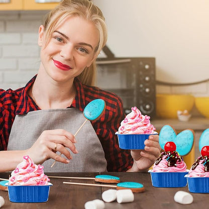 Aoriher 150 Pieces 10 oz Mini Cake Pans with Lids Aluminum Foil Baking Cups Square Disposable 4" x 4" Large Cupcake Cups Baking Tins for Kitchen Brownie Pudding Desserts Holders(Blue)