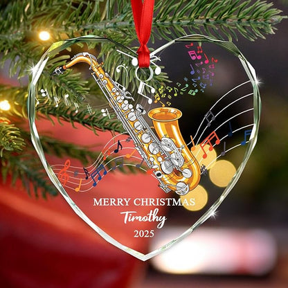 Unique Alto Saxophone Instrument Glass Christmas Ornament, Customized Year Text Name Alto Saxophone Player Ornaments Gift for Women Men Friends Besties, Personalized Musical Instrument Glass Ornament