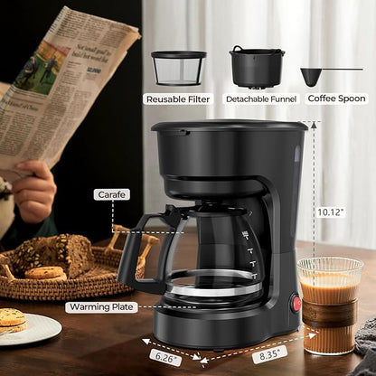 Small 5-Cup Coffee Maker, Drip Coffee Machine with Food-grade Glass Carafe, Always Keep Warm with Manual Switch, Delay Brew, 25oz Water Reservoir, Compact for Home/Office/RV/Travel/Outdoor - Black