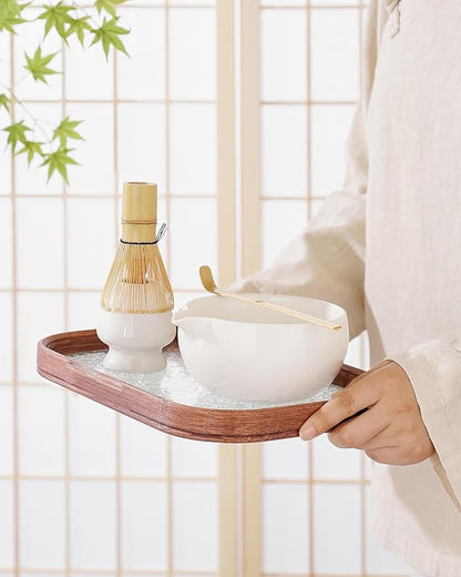 ZENS Matcha Whisk Set, 5pcs Matcha Kit Set Includes Ceramic Bowl, Bamboo Whisk and Chasen Holder, Scoop & Tea Mat，Matcha Tea ceremony Gift for Matcha Lovers, White