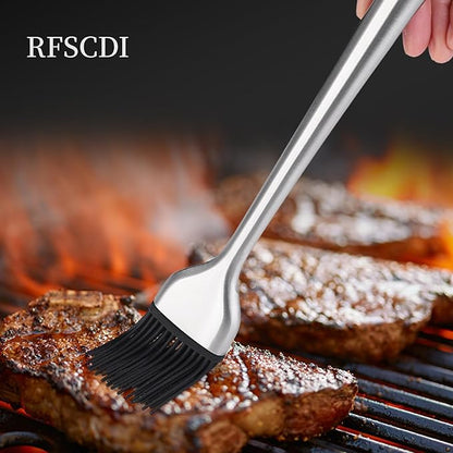 Heat-Resistant Kitchen Tongs and Basting Brush Set - 600℉ Stainless Steel Cooking Tongs with Metal Locking Mechanism - Ideal for Cooking, Grilling Steak, Baking Bread, and BBQ,(Silver 2Pcs)