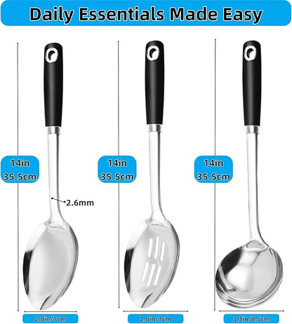 3-Piece Stainless Steel Cooking Utensils Set, Heavy Duty 18/0 14-in Large Serving Spoons Set, Slotted Spoon, Cooking Spoon & Soup Ladle, Kitchen Cooking Serving Utensils Set