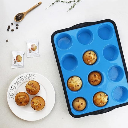 Aichoof Non-Stick Silicone Muffin Pan With Reinforced Stainless Steel Frame Inside,12 Cup Regular Muffin Baking Mold, 12 Cup Muffin Tin, BPA Free,Dishwasher Safe, Blue