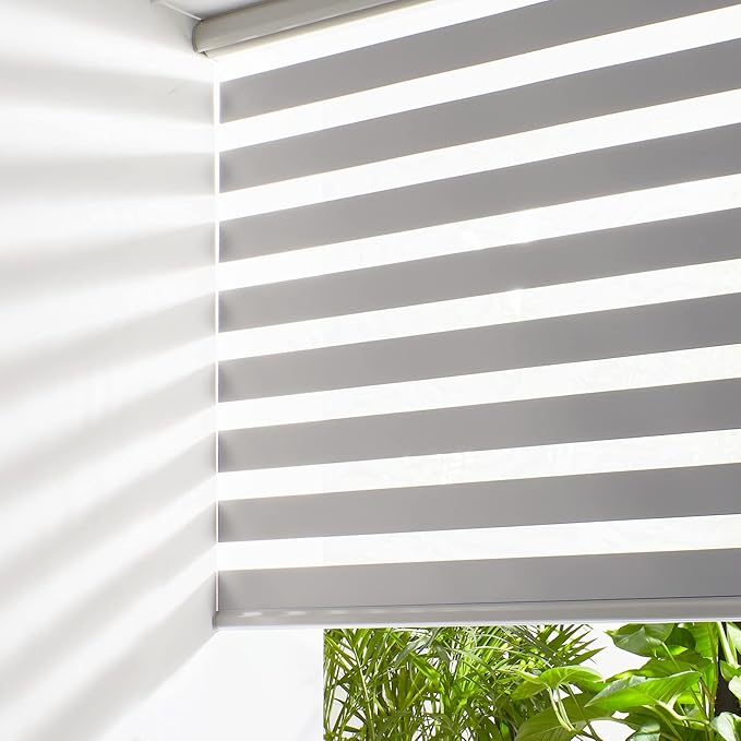 Persilux Cordless Zebra Blinds for Windows (33" W X72 H, Grey) Free-Stop Roller Windows Shades Dual Layer Light Control for Day and Night, Light Filtering Sheer Shades for Home, Easy to Install