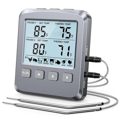 Dual Probe Meat Thermometer Digital for Cooking, Grilling & Smoking with Large LCD Backlight & Alarm, Kitchen Food Grill Thermometer, Smoker Accessories for BBQ, Oven, Oil Fry, Gifts for Men