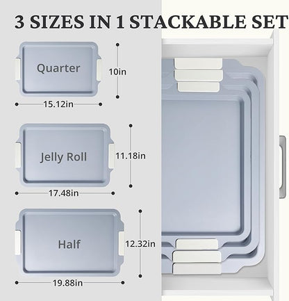 BRONYPRO Non Stick Ceramic Baking Sheet Pan Set of 3, Natural Non Toxic Cookie Sheets for Baking - PFOA, PTFE Free, Heavy Duty Aluminized Steel Oven Trays for Cooking with Silicone Handles, Cream
