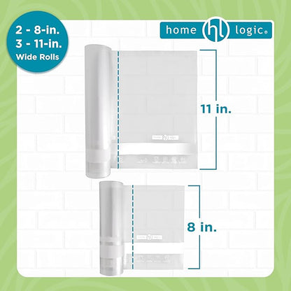 Home Logic Vacuum Bags for Food Sealer Rolls 11 and 8 Inch 20 FT Combo Pack for Freezer and Sous Vide - Microwave Safe Combo Pack Rolls (2-8x20, 3-11x20) Clear