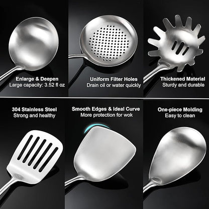 18/10 Stainless Steel Kitchen Utensils Set with Wooden Handle for Cooking 9 PCS with Solid and Slotted Spoon, Fork, Spatula, Ladle, Skimmer, Slotted Tunner, Spaghetti and Large Spoon