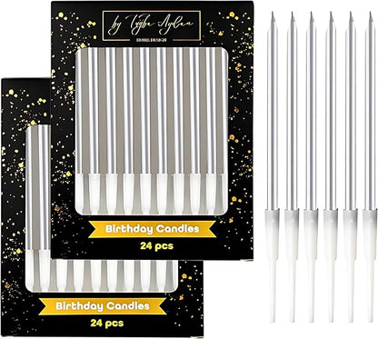 by Tugba Aydan - Silver Birthday Candles - 24 Count Long Thin Silver Birthday Candles for Cake, Metallic Cake Candle for Birthday, Party Candles