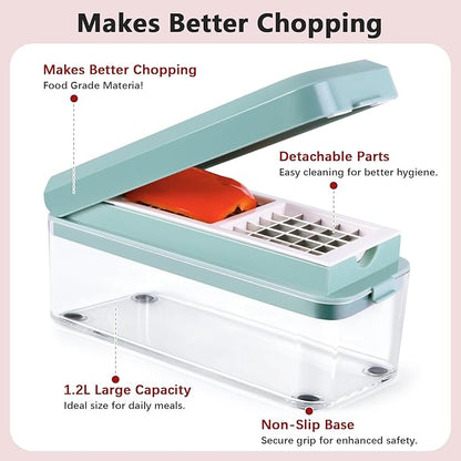 Vegetable Chopper, Onion Dicer, Mandoline Slicer, Food Chopper with Container, Vegetable Cutter for Salad Potato Carrot Garlic（2 Blades, Blue White）