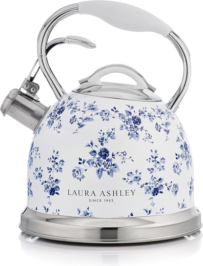 VQ Laura Ashley China Rose 2.5L Stainless Steel Tea Kettle Stovetop Whistling Teapot for Induction, Gas Hob or others. Silicon Coated Cool Handle & Push Button Mechanism Vintage Stove Top Kettle