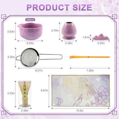 Matcha Set–7-Piece Set Including Matcha Bowl with Spout, Whisk, Chasen Holder, Sifter, Bamboo Scoop with Stand, wood spoon(Cherry Blossom Purple)–Perfect for Matcha Lovers&Tea Ceremonies